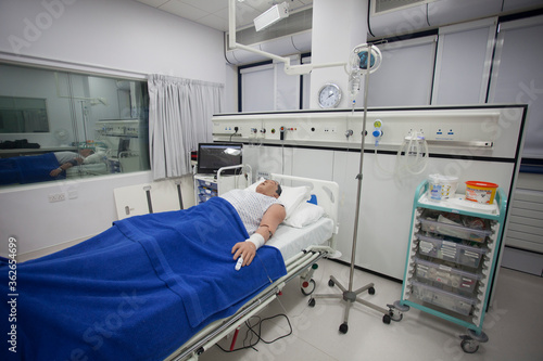 Dummy patient with testing equipment at a clinical skills training centre.