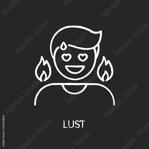 Lust chalk white icon on black background. Passionate affection, strong sexual desire, lewdness. Concupiscence, emotional reaction. Person feeling aroused isolated vector chalkboard illustration