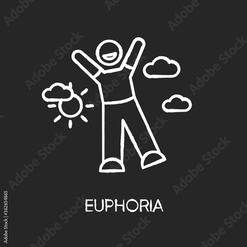 Euphoria chalk white icon on black background. Feeling of strong joy and excitement. Happiness, good mood, positive emotion. Happy person in euphoric ecstasy isolated vector chalkboard illustration