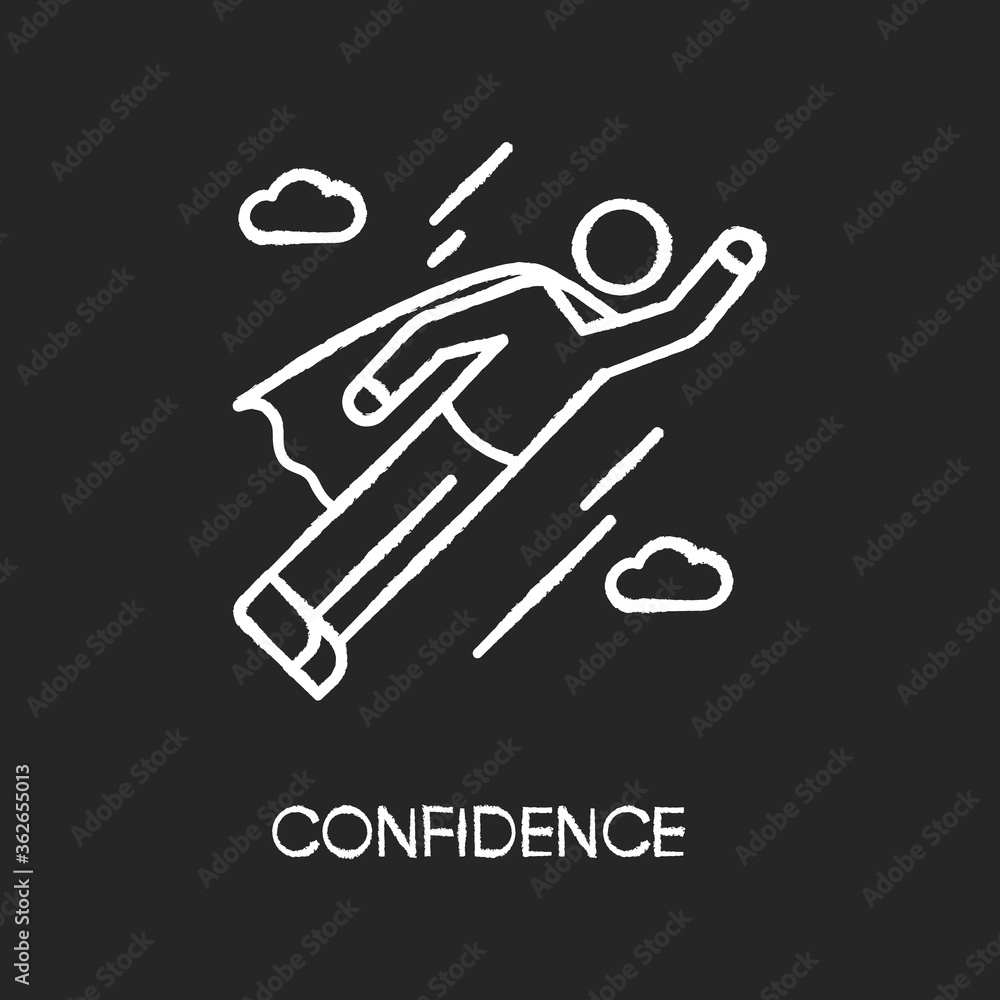 Confidence chalk white icon on black background. Self confidence, positive mindset, determination. Feeling of self assurance. Flying person, superhero isolated vector chalkboard illustration Confidence chalk white icon on black background. Self confidence, positive mindset, determination. Feeling of self assurance. Flying person, superhero isolated vector chalkboard illustration