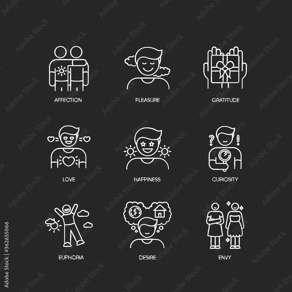 Feelings and emotions chalk white icons set on black background. Various emotional reactions, human psychology. Positive feelings and negative mental states. Isolated vector chalkboard illustrations Feelings and emotions chalk white icons set on black background. Various emotional reactions, human psychology. Positive feelings and negative mental states. Isolated vector chalkboard illustrations
