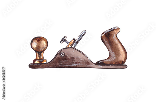 Watercolor illustration.plane is a modern carpenter's tool for working with wood, isolated on a white background