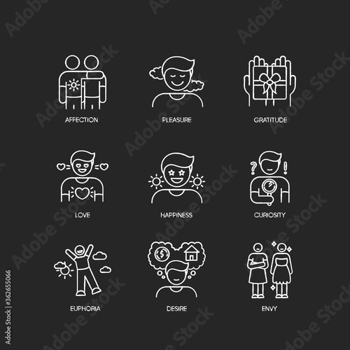 Feelings and emotions chalk white icons set on black background. Various emotional reactions, human psychology. Positive feelings and negative mental states. Isolated vector chalkboard illustrations