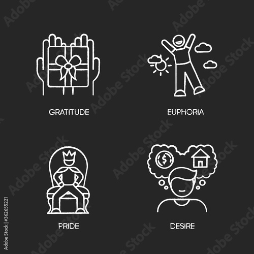 Negative feelings and bad traits chalk white icons set on black background. Human emotions, personal feelings. Self confidence, worry, boredom and greed. Isolated vector chalkboard illustrations