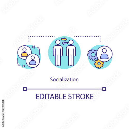 Socializing concept icon. Building social networks, relationships. Preschool education. People interacting idea thin line illustration. Vector isolated outline RGB color drawing. Editable stroke