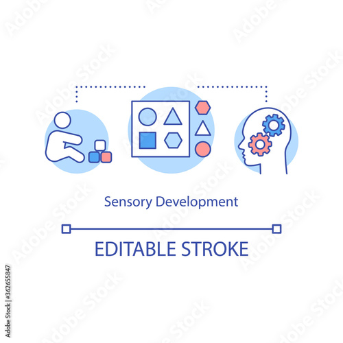 Sensory development concept icon. Touch, taste and smell. Children senses first year of life idea thin line illustration. Vector isolated outline RGB color drawing. Editable stroke