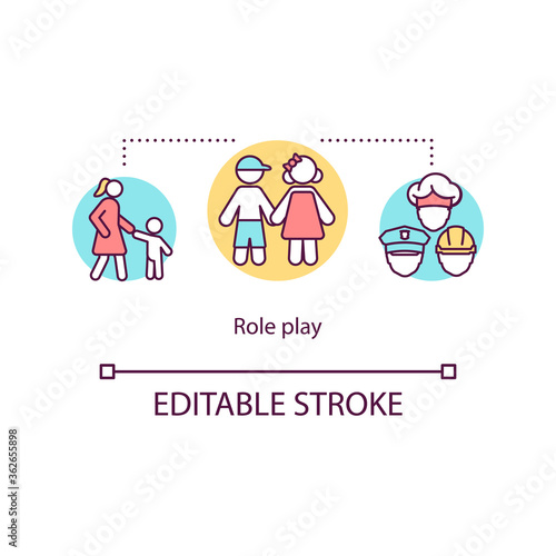Role play concept icon. Creativity, imagination and empathy development. Children pretend games idea thin line illustration. Vector isolated outline RGB color drawing. Editable stroke