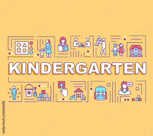 Kindergarten word concepts banner. Children preschool education. Elementary learning. Infographics with linear icons on yellow background. Isolated typography. Vector outline RGB color illustration