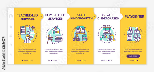 Preschool center types onboarding vector template. State and private kindergarten. Playcenter. Responsive mobile website with icons. Webpage walkthrough step screens. RGB color concept