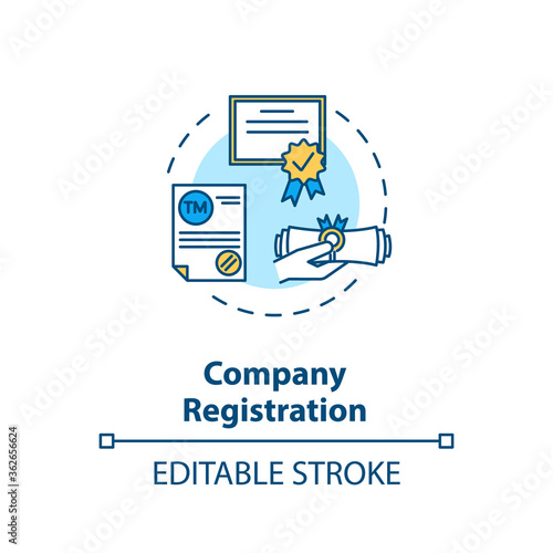 Company registration concept icon. Incorporation procedure. Company formation agent. Paper process idea thin line illustration. Vector isolated outline RGB color drawing. Editable stroke
