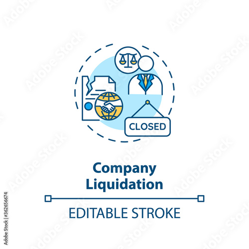 Company liquidation concept icon. Business loss and bankruptcy. Corporate management problem idea thin line illustration. Vector isolated outline RGB color drawing. Editable stroke