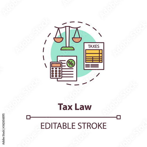 Tax law concept icon. Domestic and international taxation. Notary service. Economics and finance legal consult idea thin line illustration. Vector isolated outline RGB color drawing. Editable stroke