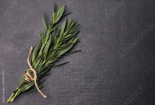 Rosemary herb on stone table. Top view with copy space