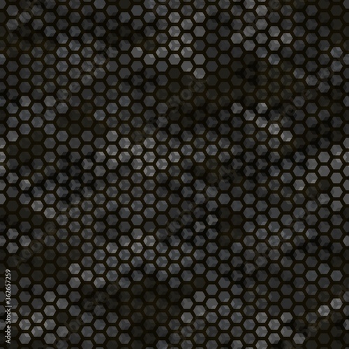 Dark pattern of triangles, hexagons, squares. Gray, dark, black colors
