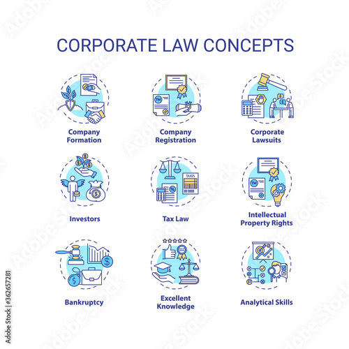 Corporate law concept icons set. Good lawyer skills. Company formation, registration and bankruptcy idea thin line RGB color illustrations. Vector isolated outline drawings. Editable stroke