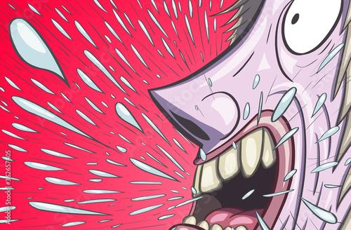 Saliva and particles coming out of the mouth of a talking person