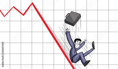 Negative graph with a falling businessman wearing a mask