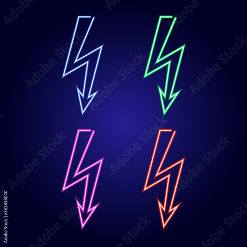 Lightning sign, set of symbol electrical voltage from glowing blue, red, pink and green neon luminescence lines on classic blue dark background. Vector illustration.