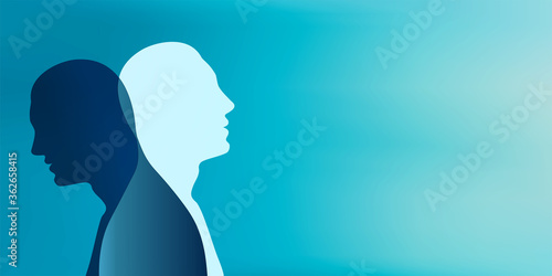 Metaphor bipolar disorder mind mental. Split personality. Concept mood disorder. Dual personality concept. 2 Head silhouette. Imagination. Mental health. Double face. Web banner. Copy space