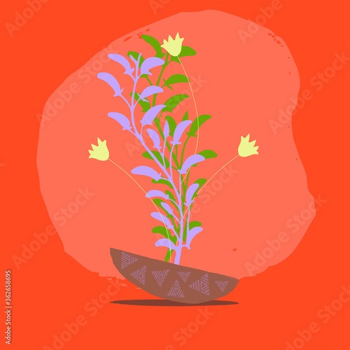 Trendy orange-red composition with exotic leaves and ethnic pot for home decor, greeting card designs and invitation. Modern background with Minimalist shapes . Vector illustration.