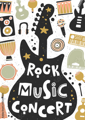 Rock music festival vector illustration. Guitar silhouette with stylized lettering. Cultural entertainment. Musical instrument retro style with ink drops. Poster, card design.