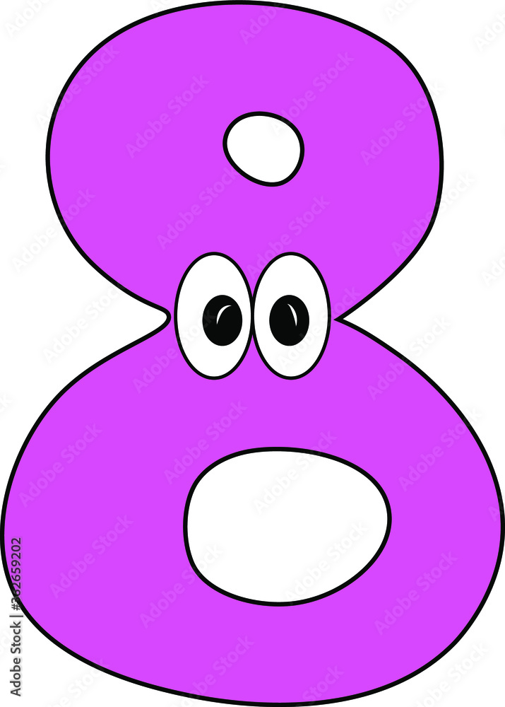 Funny children's colorful bright Alphabet. Arabic numerals. Figure 8. Funny round surprised eyes. Friendly image. Curiosity. A humorous kind image