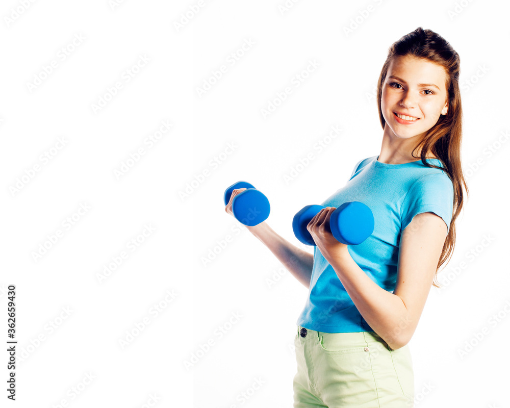 young pretty slim woman with dumbbell isolated on white background, cheerful smiling young pretty slim woman with dumbbell isolated on white background, cheerful smiling