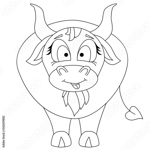 Cute bull Chinese New Year 2021 year of the bull. A pet is a bull with a tongue sticking out. Black outline vector drawing. You can decorate. The mascot of the year. 