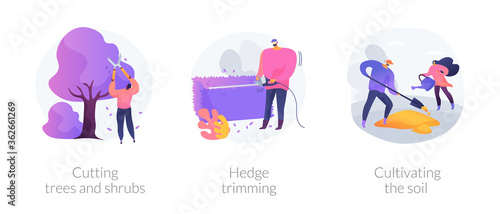Landscape maintenance abstract concept vector illustration set. Cutting trees and shrubs, hedge trimming, cultivating soil, pruning dead wood, hedge clipper, tilling ground abstract metaphor.