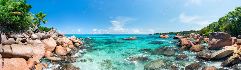 Panoramic view of a beautiful beach near Anse Lazio on the island of Praslin, Seychelles