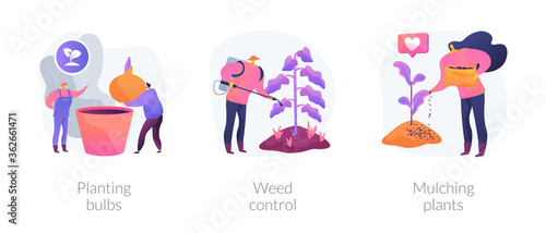 Garden seasonal works abstract concept vector illustration set. Planting bulbs, weed control, mulching plants, flower bed, soil processing, herbicide and pesticide, wood chips abstract metaphor.