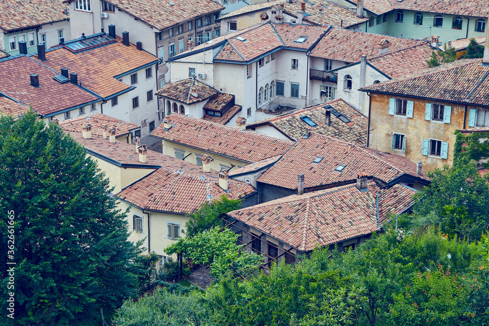 Top down italian old town classic city view with italian traditional roof tile — Rovereto city, Trentino, Italy