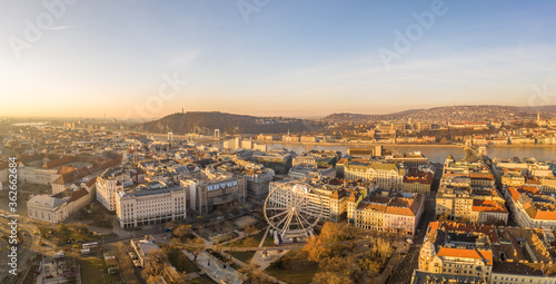 Panoramic aerial drone shot of Erzsebet ter Square at dawn in budapet downtown