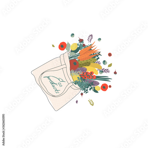 Vector illustration reusable grocery eco bag with vegetables isolated from white background.