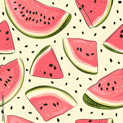 Watermelon seamless pattern. Hand drawn watermelon slice and seeds. Vector illustration for textile, paper and other products. Bright colored pink and red slices of berries on a white background.