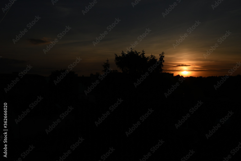 colorful sunset with red sky and trees and clouds colorful sunset with red sky and trees and clouds