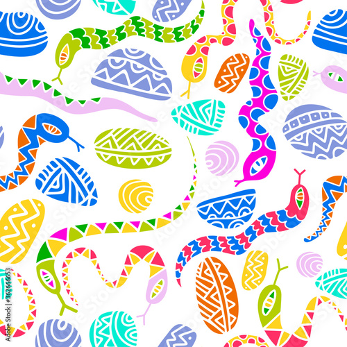 Seamless vector pattern with decorative colorful gummy snakes in bright colors on white background. The design is perfect for backgrounds, packages, wrapping paper, wallpaper, textiles, sheets
