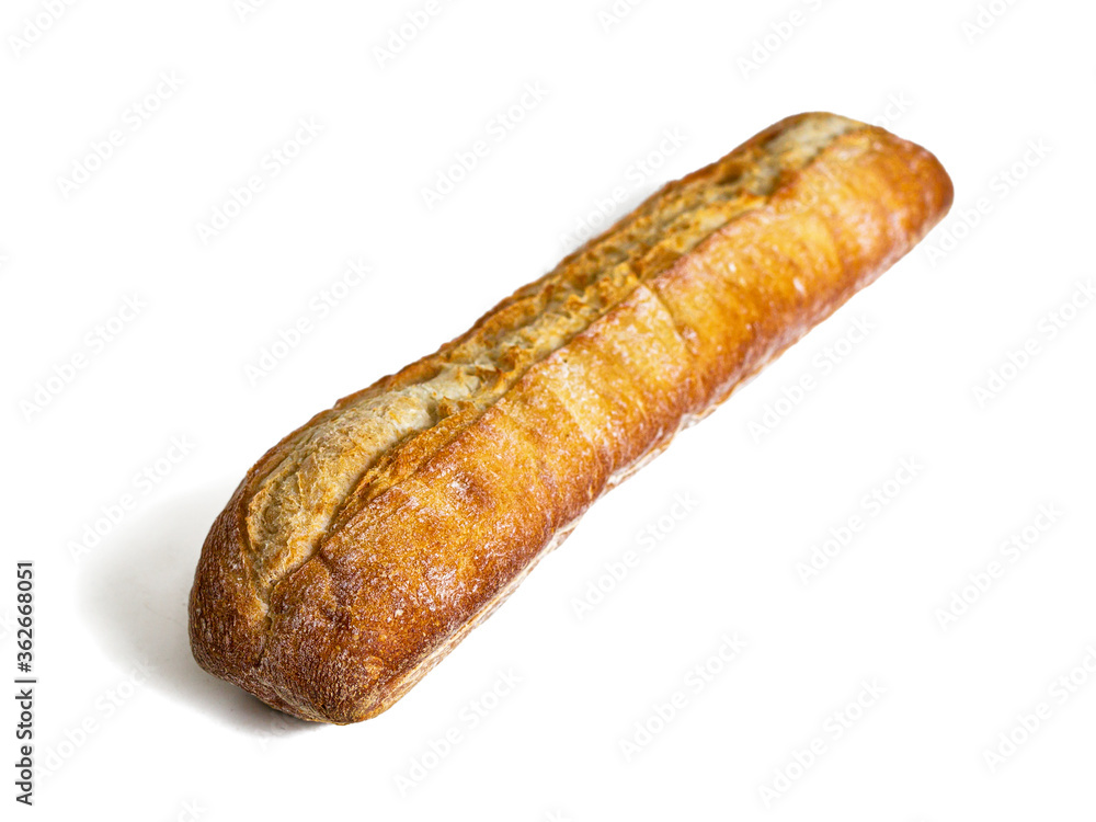 French baguette with a straight cut on a crisp Golden crust on a white background French baguette with a straight cut on a crisp Golden crust on a white background