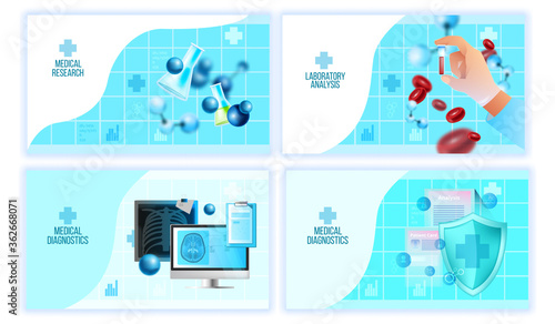 Healthcare vector set of medical research, diagnostics and laboratory analysis banners. Hospital lab concepts collection in blue colors with x-ray and MRI image, molecules, cells, test tube, shield