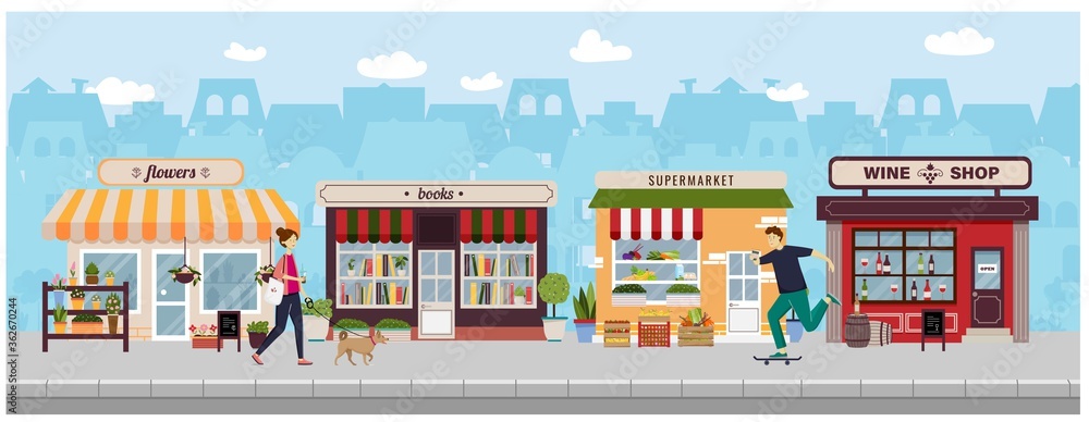Shopping street in european town with young people walking with a dog and skateboarding. Urban landscape. Banner with building facades. Flat vector illustration
