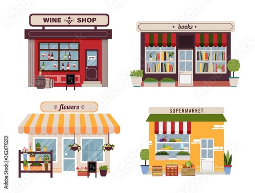 Set of different colorful shops, flowers, books, wine, grocery, supermarket. Infographic elements. Vector illustration. Storefront, facades