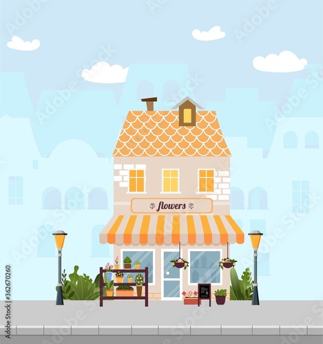 Flower shop, front facade with garden pots, bouquets, flowers and logo. Vector illustration on cityscape background. Store icon. Urban landscape, street, house in European city. Vector illustration