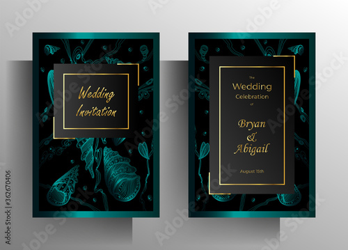 Wedding invitation template set. Strict design with hand-drawn graphic elements. EPS 10 vector.