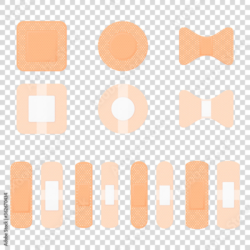 Vector 3d Realistic Medical Patch Icon Set Closeup Isolated on Transparent Background. Design Template Adhesive Bandage Elastic Medical Plasters. Front and Back Side View
