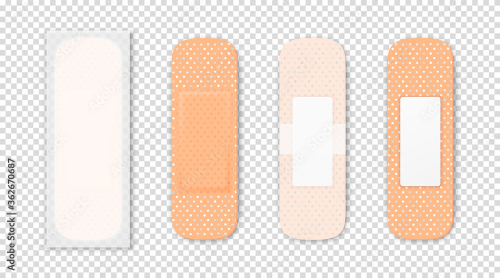 Vector 3d Realistic Medical Patch Icon Set Closeup Isolated on Transparent Background. Design Template Adhesive Bandage Elastic Medical Plasters. Front and Back Side View Vector 3d Realistic Medical Patch Icon Set Closeup Isolated on Transparent Background. Design Template Adhesive Bandage Elastic Medical Plasters. Front and Back Side View