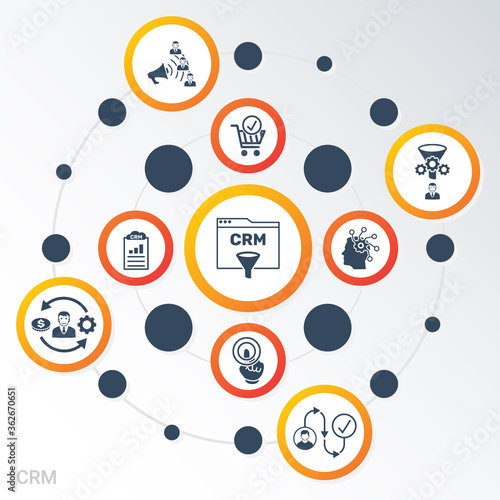 Vector Infographic template Crm data visualization. Different colors. Can be used for process diagram, presentations, workflow, banner with CRM icons.