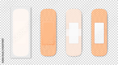 Vector 3d Realistic Medical Patch Icon Set Closeup Isolated on Transparent Background. Design Template Adhesive Bandage Elastic Medical Plasters. Front and Back Side View