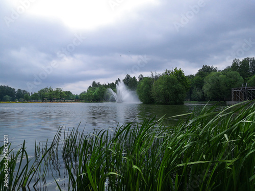 Fountain on the pond, plants and trees in the city Park. A place to relax in a city Park.