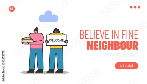 Neighbors welcome newcomers with poster and pie. Fine neighborhood landing page