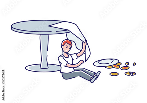 Naughty boy make mess with table, breakfast and tablecloth. Bad manners and behavior of kid concept